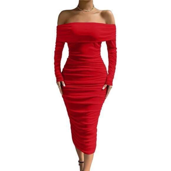 Women Sexy Off Shoulder Long Sleeve Dress Red - Picture 1 of 6
